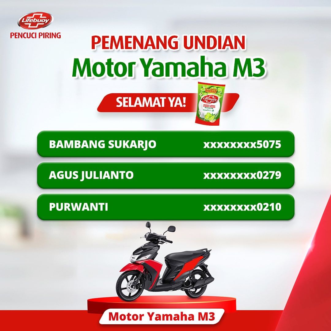 PEMENANG MOTOR YAMAHA M3 di undian lifebuoy pencuci piring