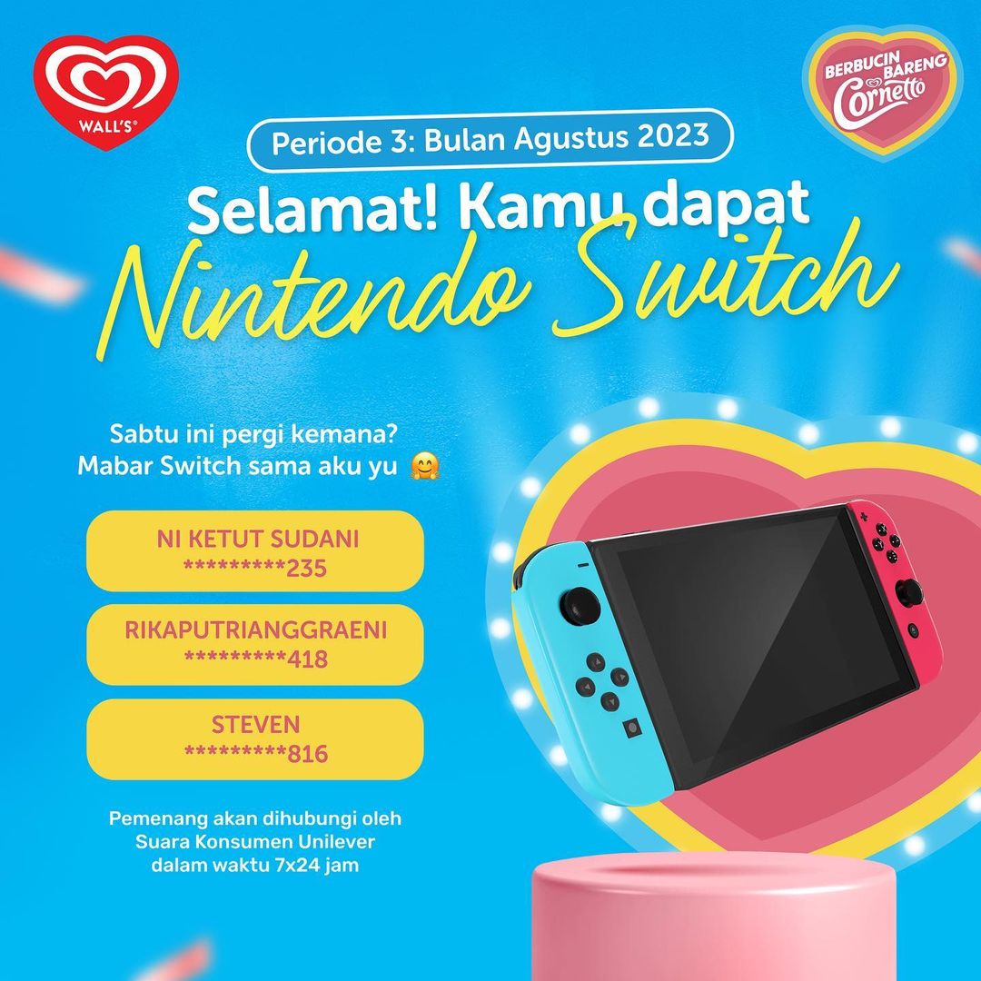 Pemenang Nintendo Switch Undian Berbucin Bareng Cornetto