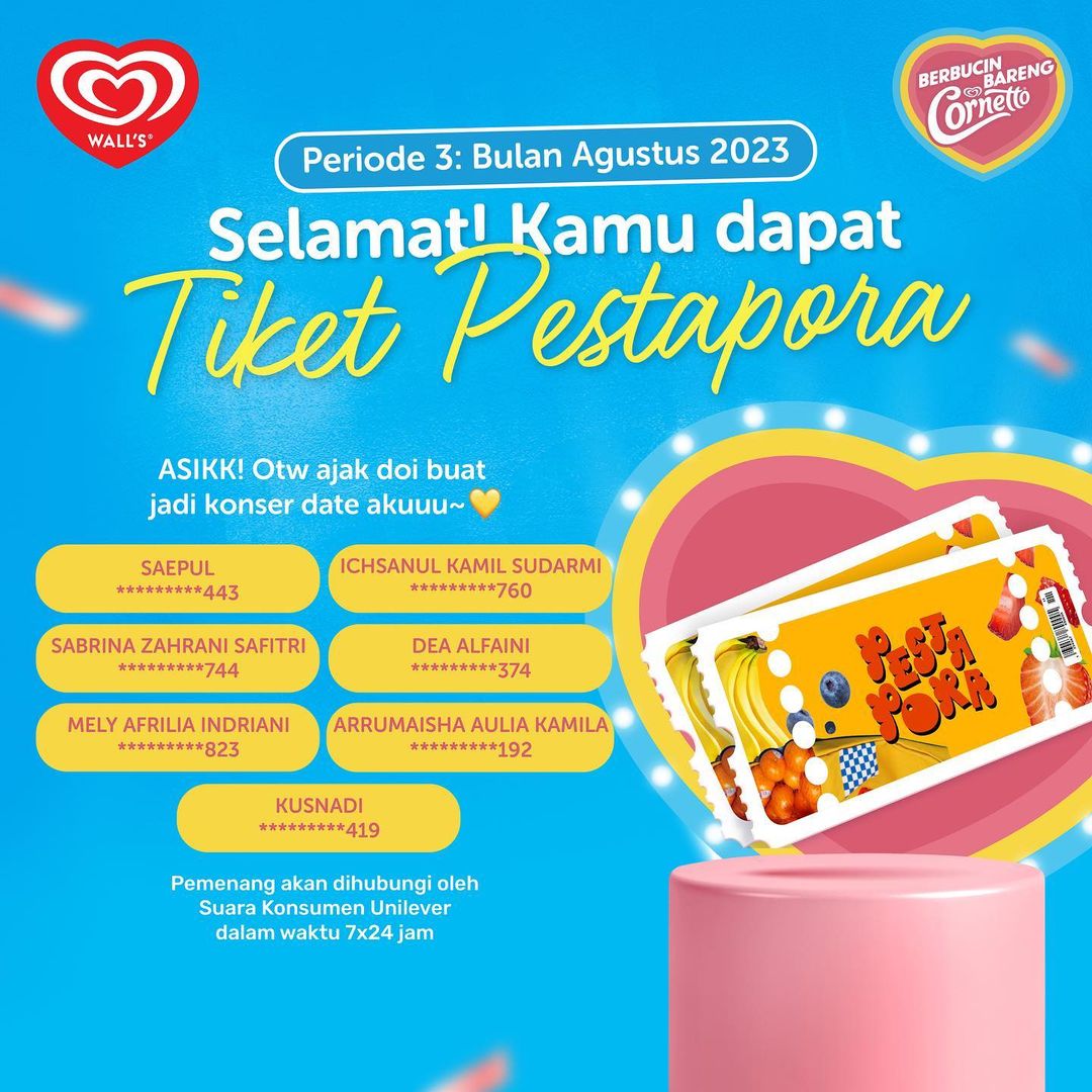 Pemenang Tiket VIP Undian Berbucin Bareng Cornetto